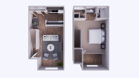 A 3D rendered image of a small apartment layout.